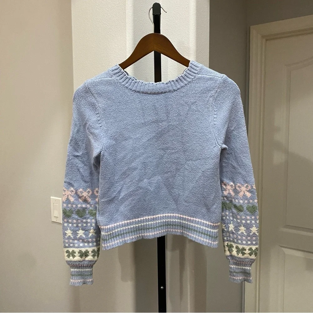 LoveShackFancy Womens Zaheer Pullover Feminine Heart Bow Sweater Pink Blue XS - Picture 10 of 11